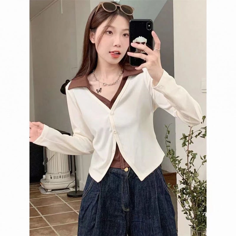 Fake Two-piece Long-sleeved T-shirt Women's plus size Spring and Autumn Slight Chubby Women's V-neck Base Shirt with Short Top - Image 4