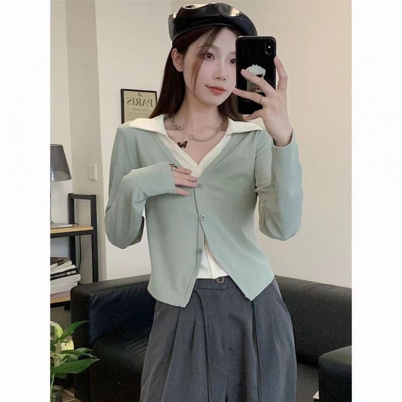 Fake Two-piece Long-sleeved T-shirt Women's plus size Spring and Autumn Slight Chubby Women's V-neck Base Shirt with Short Top - Image 3
