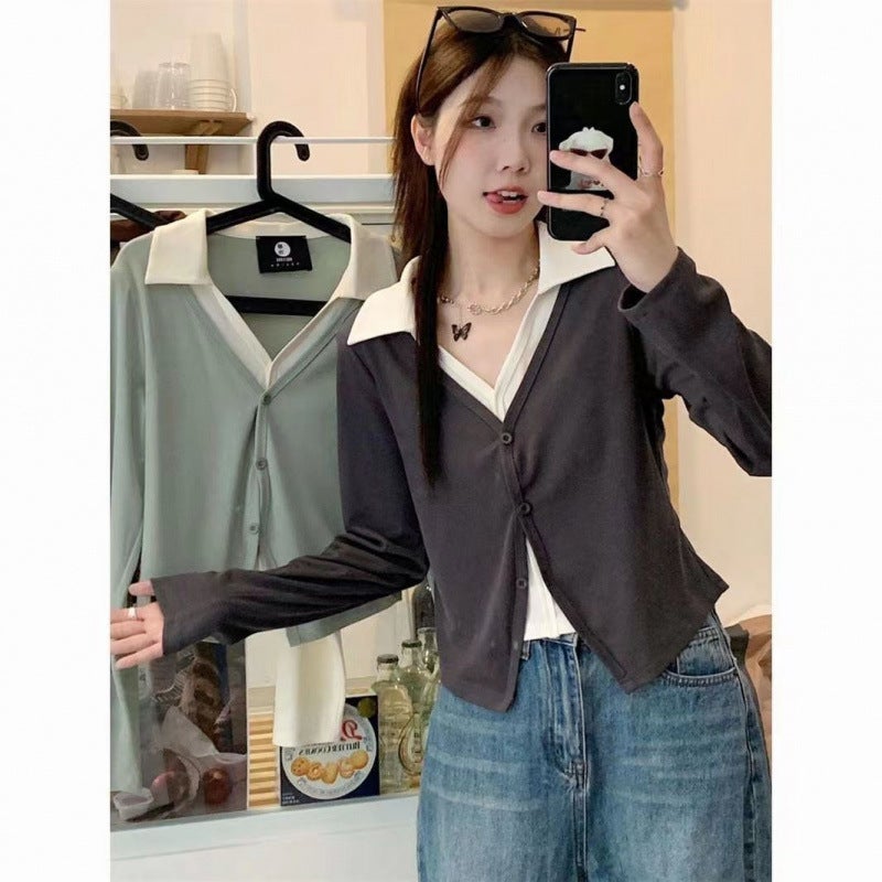 Fake Two-piece Long-sleeved T-shirt Women's plus size Spring and Autumn Slight Chubby Women's V-neck Base Shirt with Short Top - Image 2