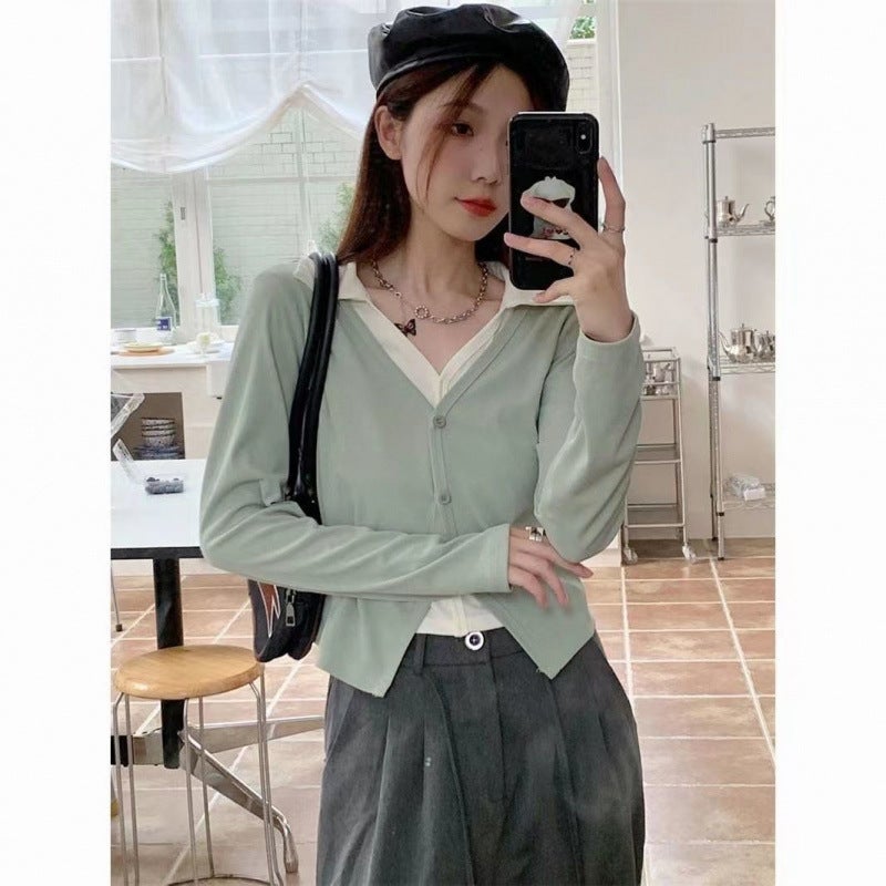 Fake Two-piece Long-sleeved T-shirt Women's plus size Spring and Autumn Slight Chubby Women's V-neck Base Shirt with Short Top - Image 5