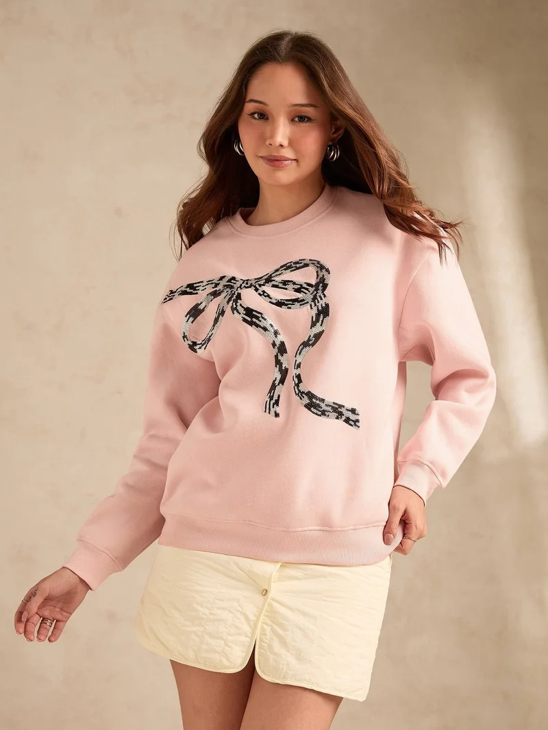 Outzidr Pink Sequined Bow-Detail Russian Fleece Sweatshirt
