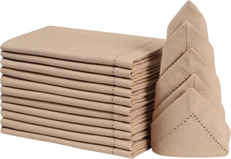 Goroly Home Cloth Napkins Set of 12 Hemstitch Cloth Napkins Cotton Dinner Napkins Napkin Cloth Washable Cotton Napkin Cloth Washable Fall Cloth Napkin Soft Absorbent Napkin Mitered Corner 18x18 InchBeige - Image 1