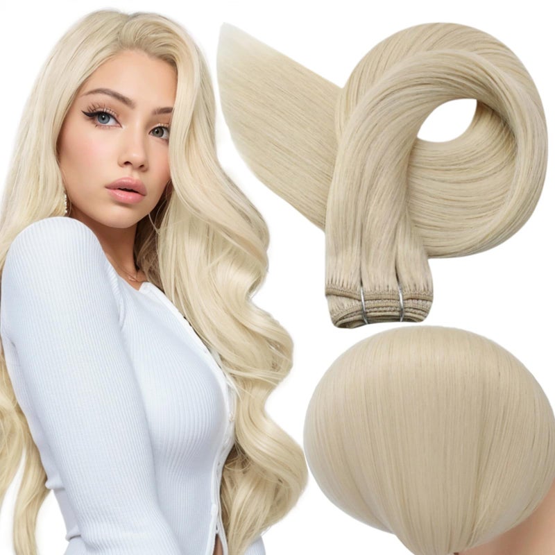 Full Shine Weft Hair Extensions Human Hair Sew In Hair Extensions Remy Straight Hair Color Platinum Blonde Hair Weft Sew In Extensions For Women Invisible Weft Extensions 80G 12 Inch