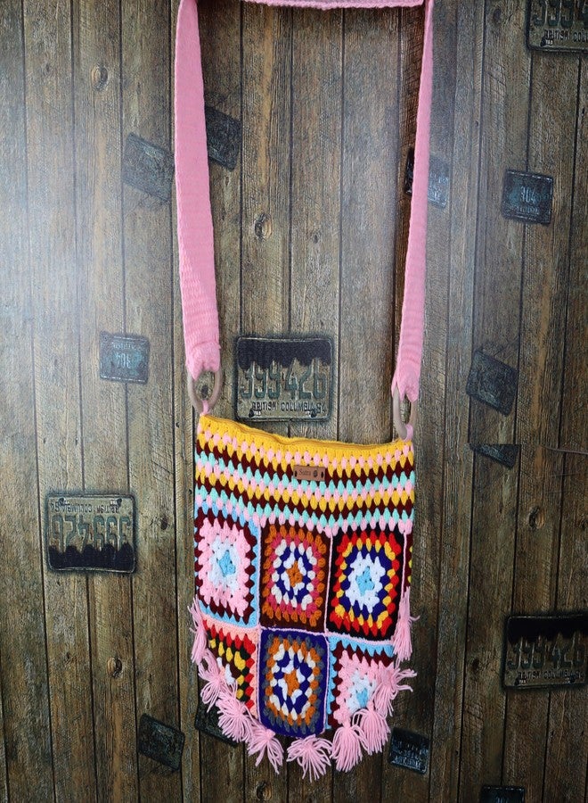SUTRA Handmade Wool Crochet Pink Strap Patchwork Bag | Boho Shoulder Purse | Eco-Friendly Reusable Tote Bag | Summer Beach Handbag for Women Girls - Image 3