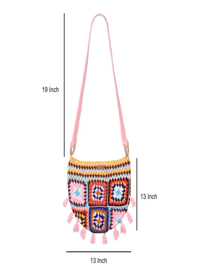 SUTRA Handmade Wool Crochet Pink Strap Patchwork Bag | Boho Shoulder Purse | Eco-Friendly Reusable Tote Bag | Summer Beach Handbag for Women Girls - Image 2
