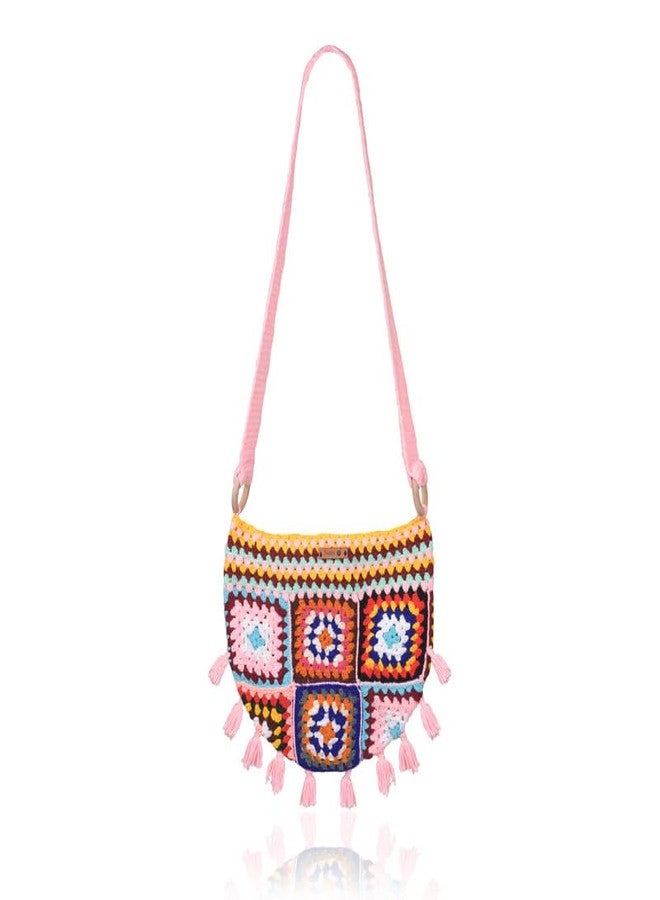 SUTRA Handmade Wool Crochet Pink Strap Patchwork Bag | Boho Shoulder Purse | Eco-Friendly Reusable Tote Bag | Summer Beach Handbag for Women Girls - Image 1