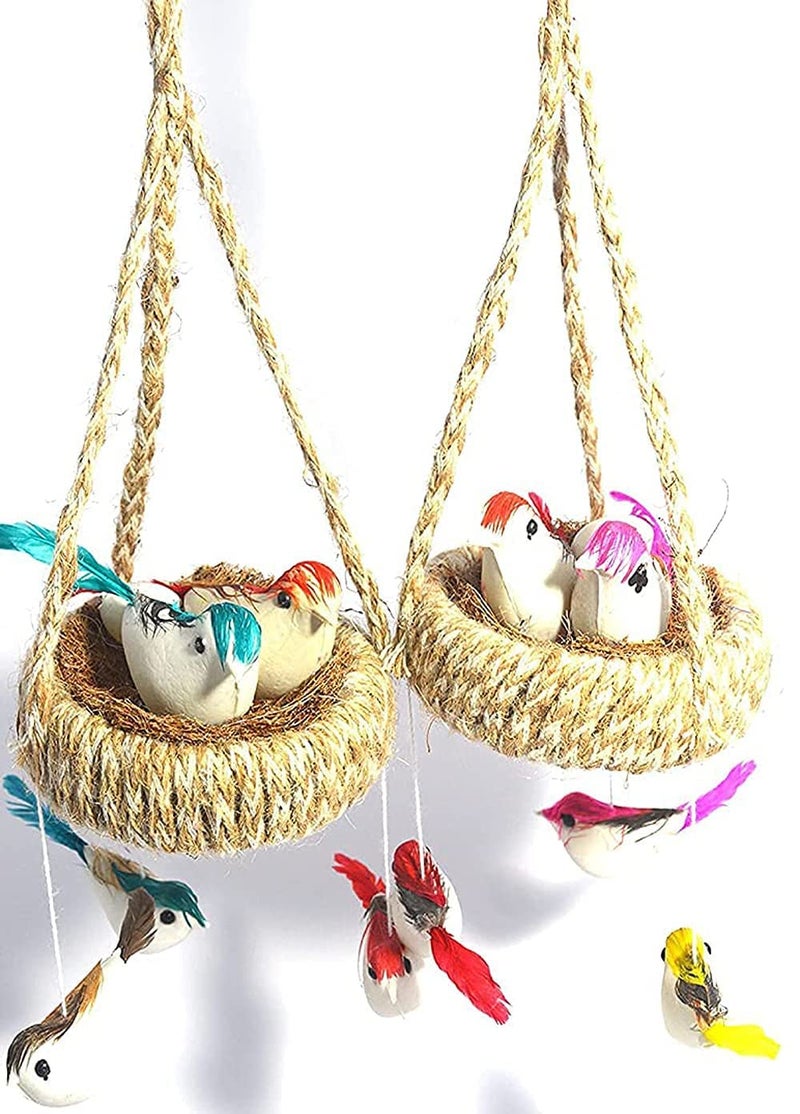 Pet Believe Handmade Artificial Jute Hanging Birds with Hanging Nest Jhumar Showpiece Chidiyan Ka Ghosla for Home Dcor Home Decoration Pack of 2 Decorative Jhumar 23 cm Jute Multicolor - Image 2