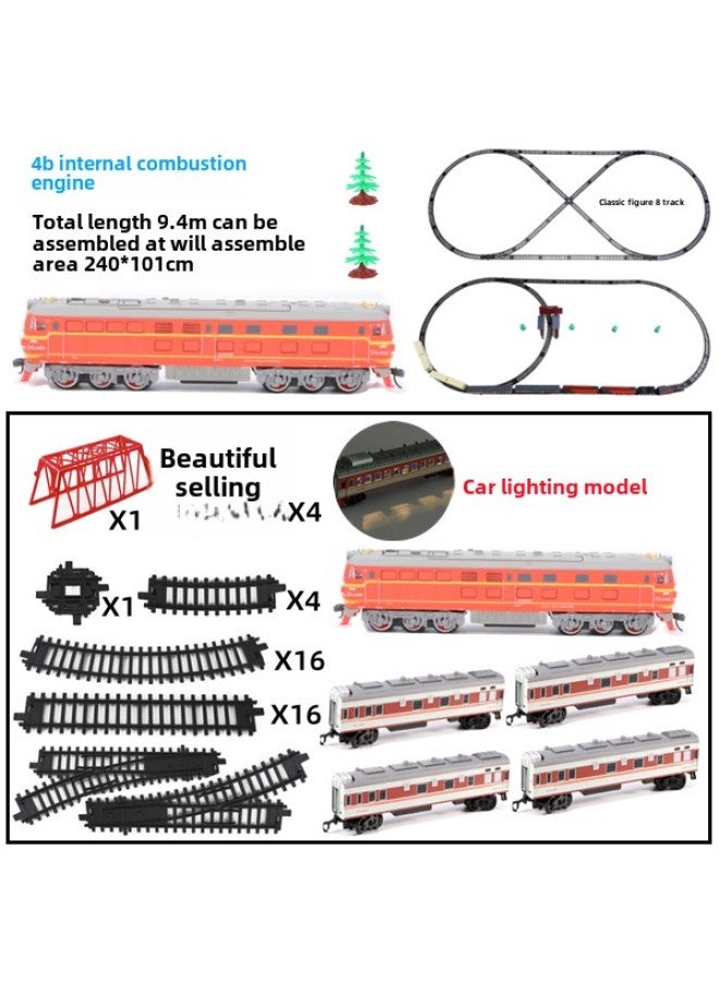 A18 Electric Green Leather Dongfeng 4B Internal Combustion Engine Train Track Luminous Carriage Toy High-speed Rail Train Suit Model-Color:Orange Head + 9.4m Track + 4 Red Car Lighting Models-Scale:Ordinary Aa Battery - Image 1