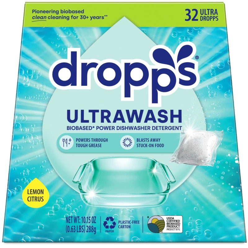 Dropps UltraWash Dishwasher Pods, Lemon Citrus (32 Count) - Biobased Power Deep Clean Dishwasher Detergent Tablets for Sparkling Shiny Dishes - No Rinse Aid or Pre-Wash Needed - Dishwashing Pods - Image 2