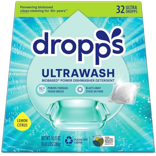 Dropps UltraWash Dishwasher Pods, Lemon Citrus (32 Count) - Biobased Power Deep Clean Dishwasher Detergent Tablets for Sparkling Shiny Dishes - No Rinse Aid or Pre-Wash Needed - Dishwashing Pods - Image 1
