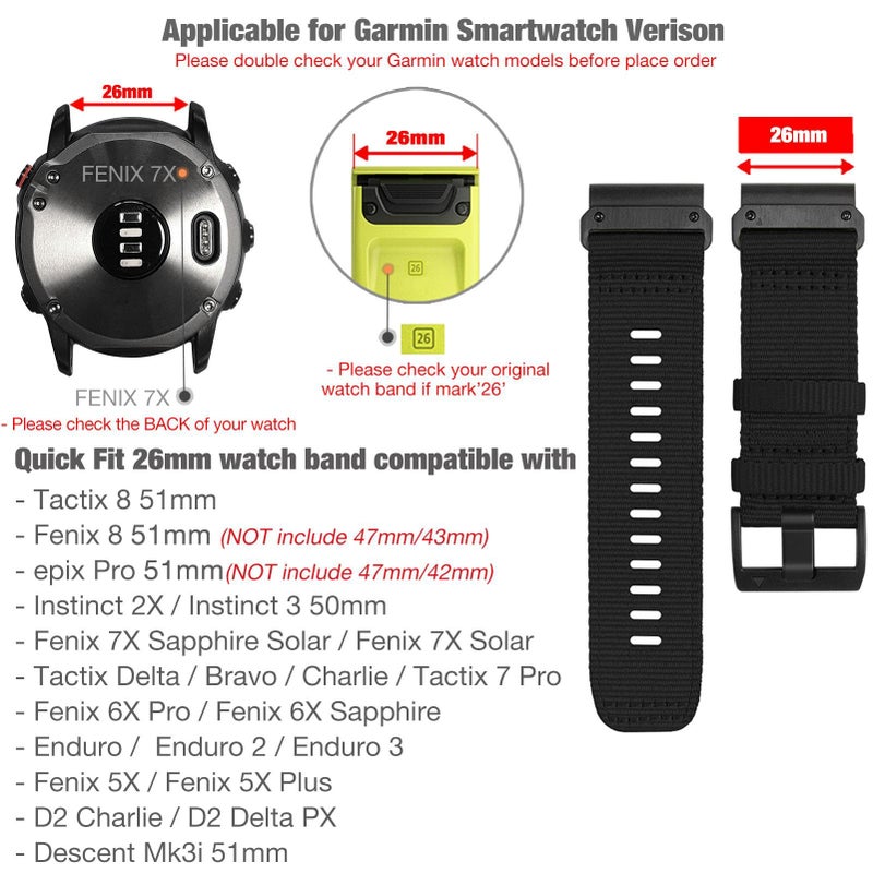 Abanen Rugged Nylon Watch Bands for Garmin Fenix 7X / Fenix 6X / Fenix 5X/Enduro 2, Quick Fit 26mm Adjustable Woven Nylon Sports Wrist Strap with Stainless Steel Clasp for Tactix 7 Pro, epix Pro 51mm - Image 2