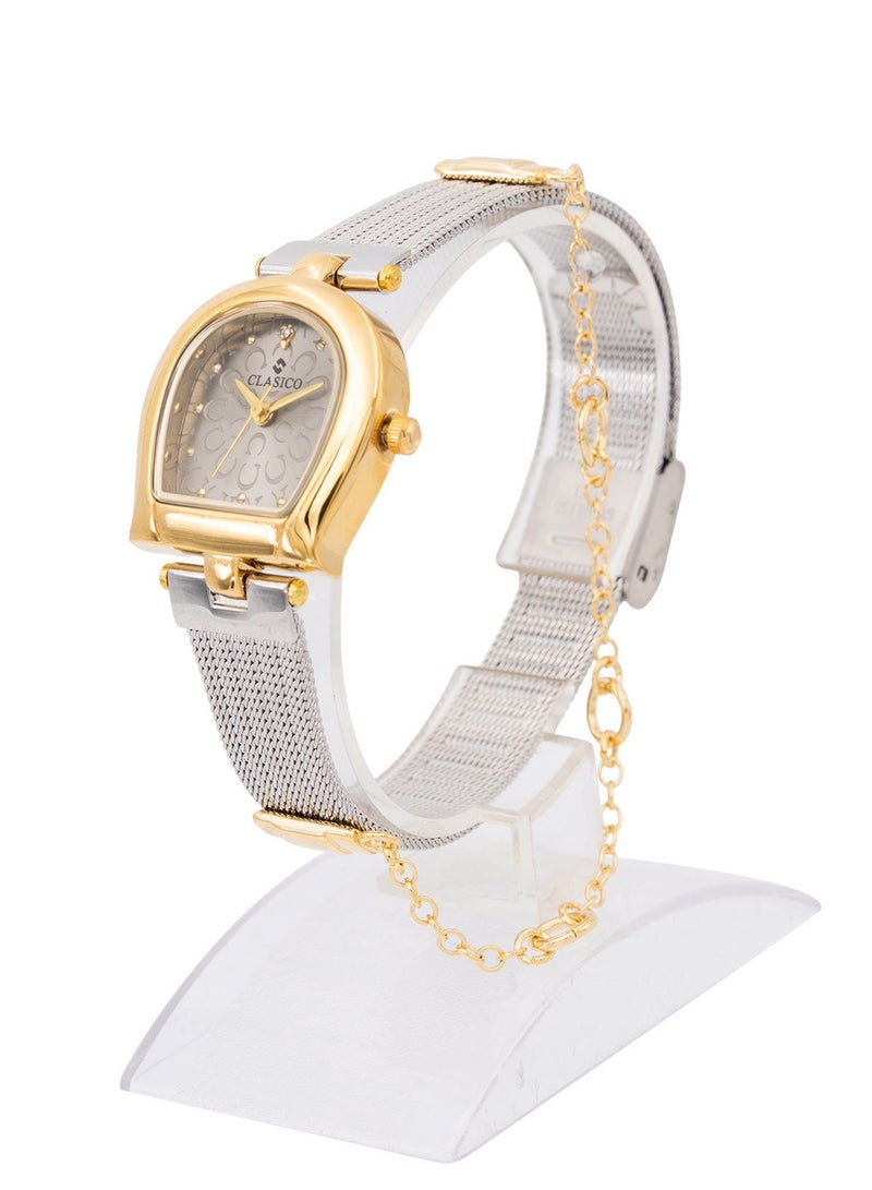 Clasico ساعة أنالوج مصممة للنساء من أماريل، 30 مم - لون مزدوج فضي ذهبي - حزام سلسلة - Image 2
