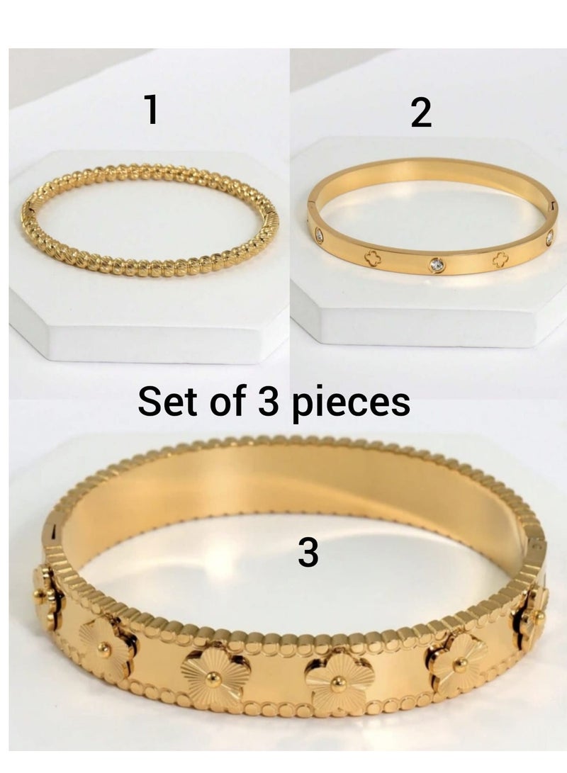 عربست مجموعة أساور من 3 قطع  ذهب مطلي  ١٨ قيراط من الفولاذ المقاوم للصدأ بشكل زهرة أنيق للنساء, هدية مجوهرات للحفلات و الأفراح - Image 2