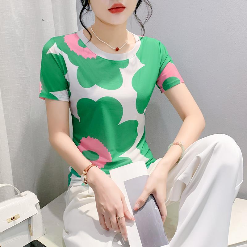 Round Neck High Elastic Mesh T-Shirt For Women 2024 Summer Pattern Printing Fashionable Elegant Short-Sleeved Fashionable Slim Bottoming Shirt - Image 1