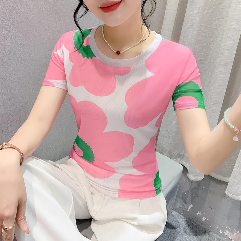 Round Neck High Elastic Mesh T-Shirt For Women 2024 Summer Pattern Printing Fashionable Elegant Short-Sleeved Fashionable Slim Bottoming Shirt - Image 4