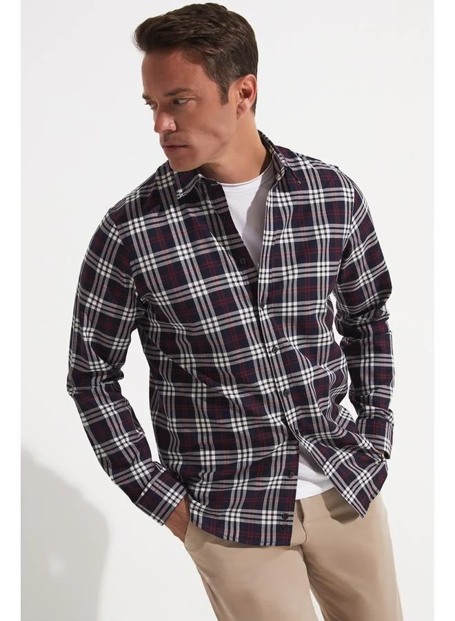 JUNE June Exclusive Men Regular Fit Checkered Button-Down Neck Shirt Navy - Burgundy