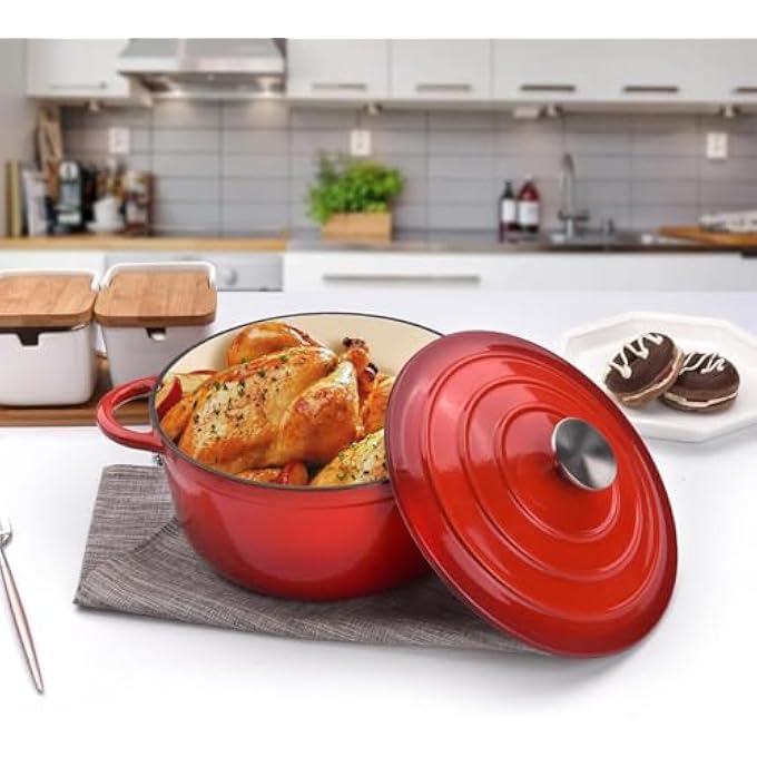 rayihni 3 Qt Cast Iron Dutch Oven Enamel Coated Cookware Pot With Lid Round Dutch Oven Big Dual Handles Classic Round Pot For Home Baking Braiser Cooking Red - Image 3