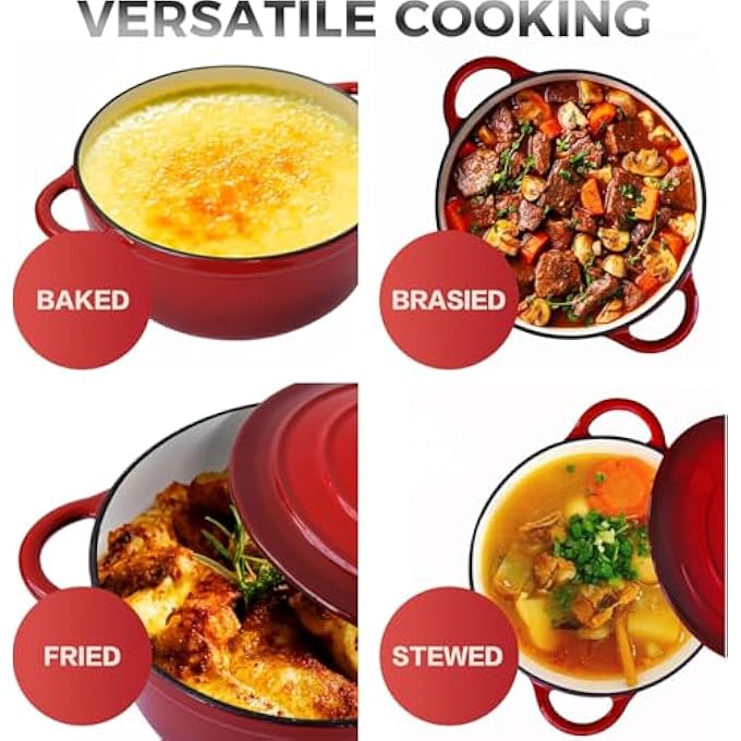 rayihni 3 Qt Cast Iron Dutch Oven Enamel Coated Cookware Pot With Lid Round Dutch Oven Big Dual Handles Classic Round Pot For Home Baking Braiser Cooking Red - Image 4
