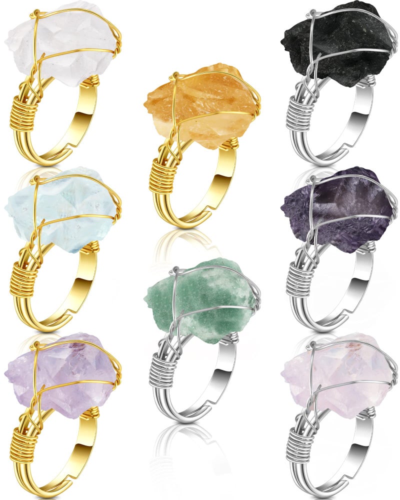 Sureio 8 Pieces Chakra Crystal Ring Healing Crystal Ring Adjustable Gemstone Rings Copper Wire Wrapped Irregular Colorful Gem Rings for Women(Silver and Gold Ring) - Image 1