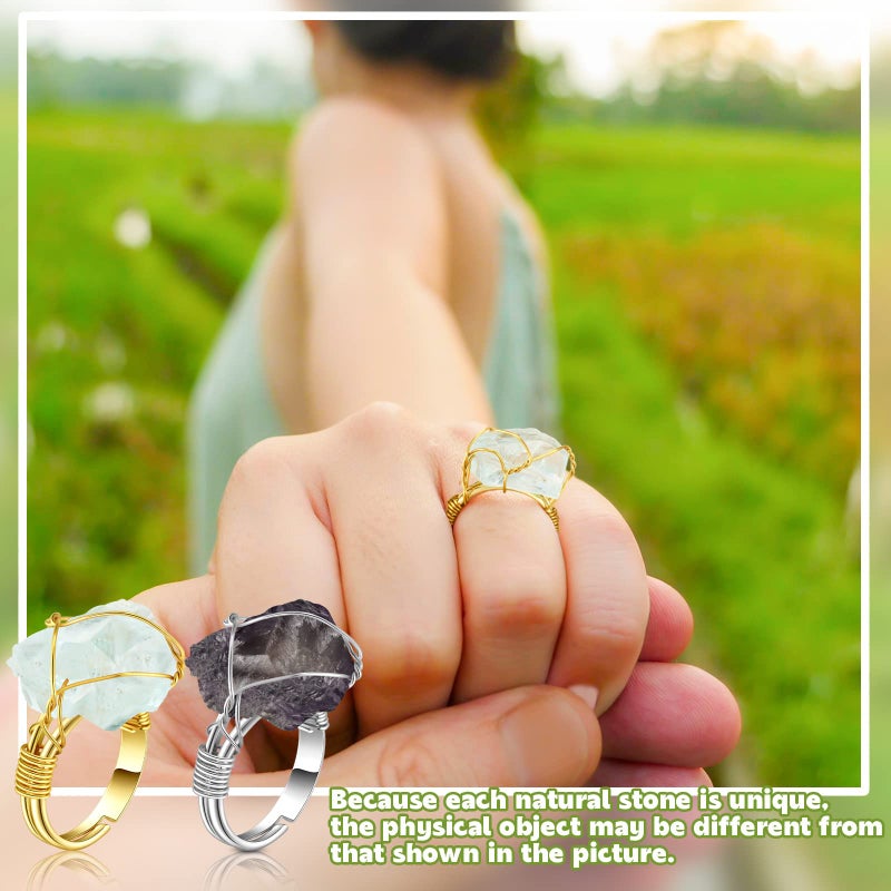 Sureio 8 Pieces Chakra Crystal Ring Healing Crystal Ring Adjustable Gemstone Rings Copper Wire Wrapped Irregular Colorful Gem Rings for Women(Silver and Gold Ring) - Image 3