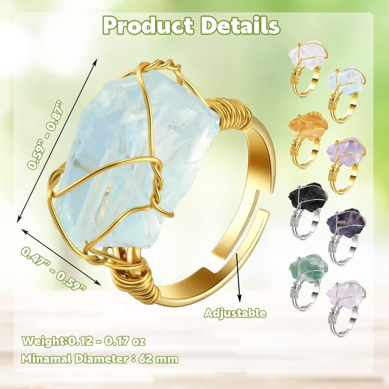 Sureio 8 Pieces Chakra Crystal Ring Healing Crystal Ring Adjustable Gemstone Rings Copper Wire Wrapped Irregular Colorful Gem Rings for Women(Silver and Gold Ring) - Image 2
