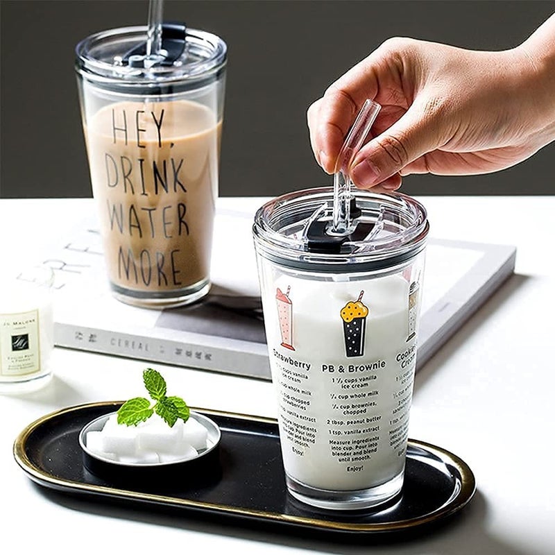 KRIVAZ Cartoon Pattern Glass Tumbler with Silicone Straw and Lid Creative Multipurpose 400ml Measuring MugCup for Milk Juice Coffee Smoothies Travel Sipper Bottle Pack of 1 - Image 1