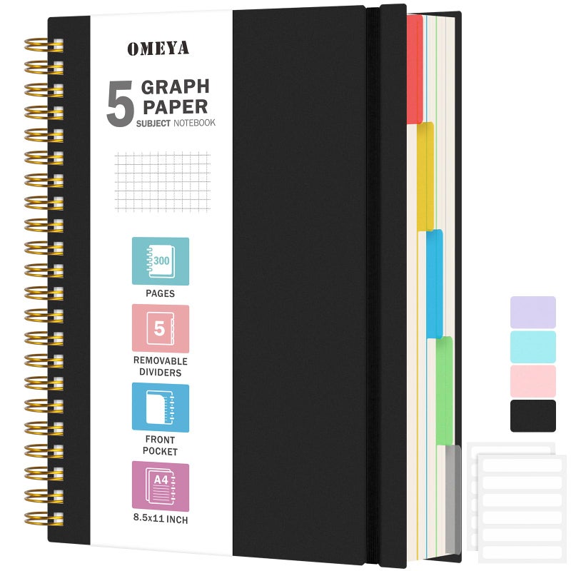 OMEYA Graph Paper Notebook 8.5" X 11": 5 Subject Graphing Notebook with Removable Dividers, 300 Pages 100gsm Thick Spiral Grid Notebooks, 5x5 Graph Ruled Paper, Large A4 Math Journal for School Engineering - Image 1