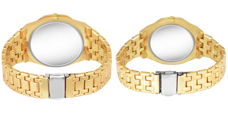 Acnos Stainless Steel Branded Uniq Gold Colours Dial Case Belt Gift Watch Analog Combo Couple Watches Men Women Watch Pack Of 2 Valentine's Day Special, Gold Band - Image 5