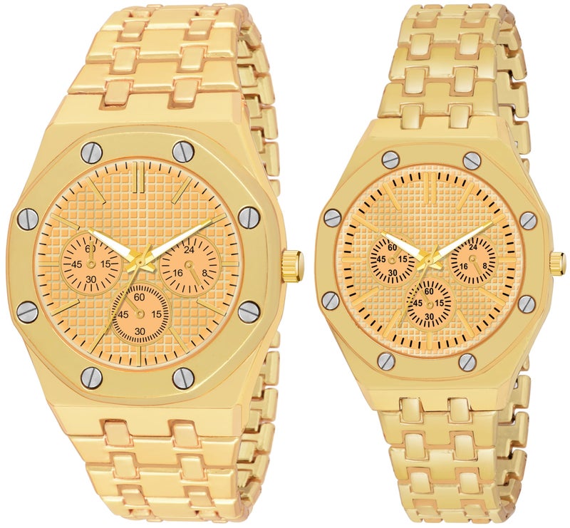 Acnos Stainless Steel Branded Uniq Gold Colours Dial Case Belt Gift Watch Analog Combo Couple Watches Men Women Watch Pack Of 2 Valentine's Day Special, Gold Band - Image 1
