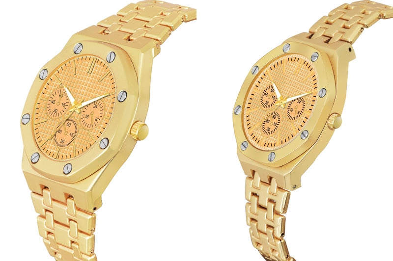 Acnos Stainless Steel Branded Uniq Gold Colours Dial Case Belt Gift Watch Analog Combo Couple Watches Men Women Watch Pack Of 2 Valentine's Day Special, Gold Band - Image 2