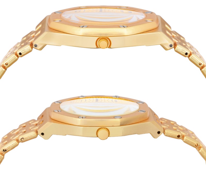 Acnos Stainless Steel Branded Uniq Gold Colours Dial Case Belt Gift Watch Analog Combo Couple Watches Men Women Watch Pack Of 2 Valentine's Day Special, Gold Band - Image 3