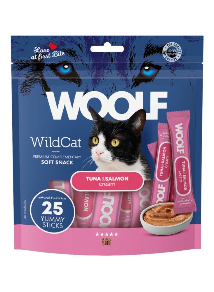 Woolf Wolf WildCat Cream Tuna & Salmon premium complimentary soft snacks for cats- 25 Yummy Sticks 350g - Image 1