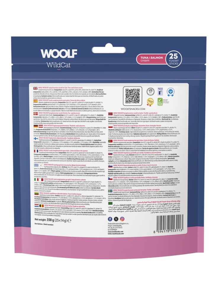 Woolf Wolf WildCat Cream Tuna & Salmon premium complimentary soft snacks for cats- 25 Yummy Sticks 350g - Image 2