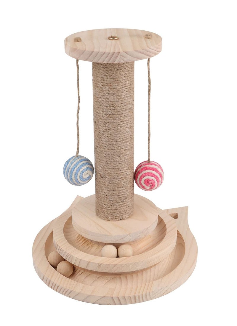 Arabest 13" Tall Wooden Cat Sisal Scratching Post Two-Layer Cat Toy with Turntable-Interactive Track Balls  - Image 2