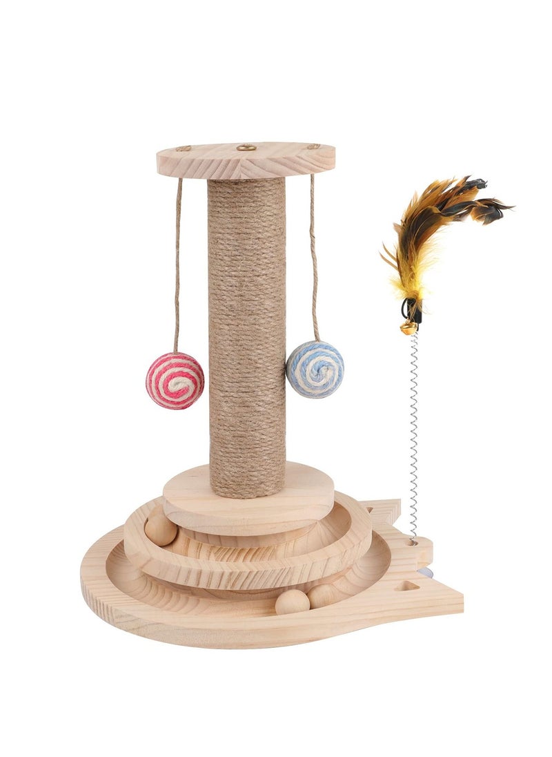 Arabest 13" Tall Wooden Cat Sisal Scratching Post Two-Layer Cat Toy with Turntable-Interactive Track Balls  - Image 1