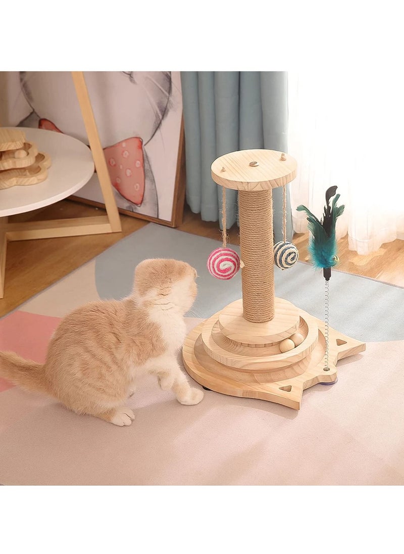 Arabest 13" Tall Wooden Cat Sisal Scratching Post Two-Layer Cat Toy with Turntable-Interactive Track Balls  - Image 3