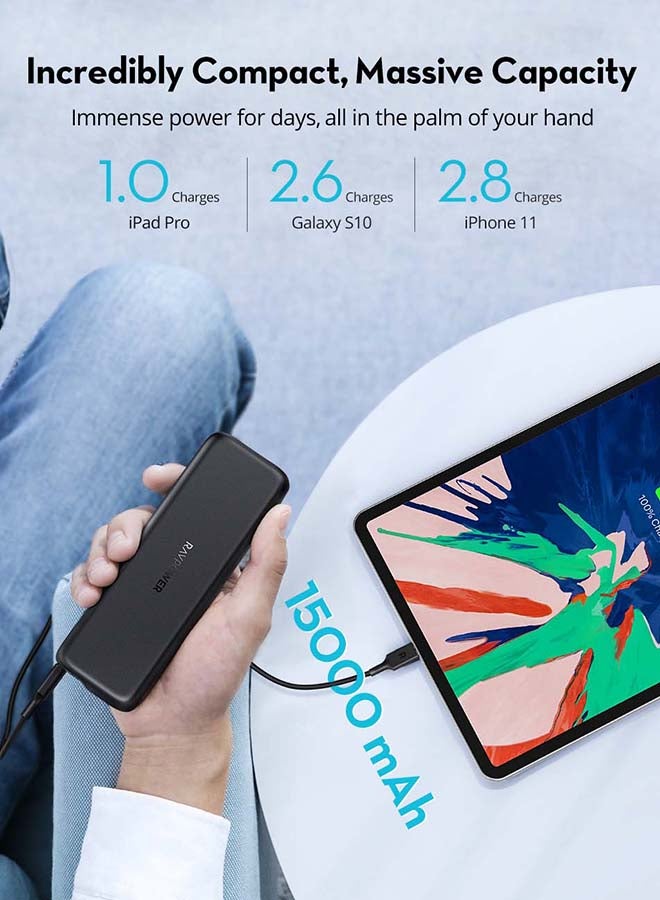 RAVPOWER 15000 mAh MFi Certified 2 Port Portable Power Bank With Charging Cable Black - Image 4
