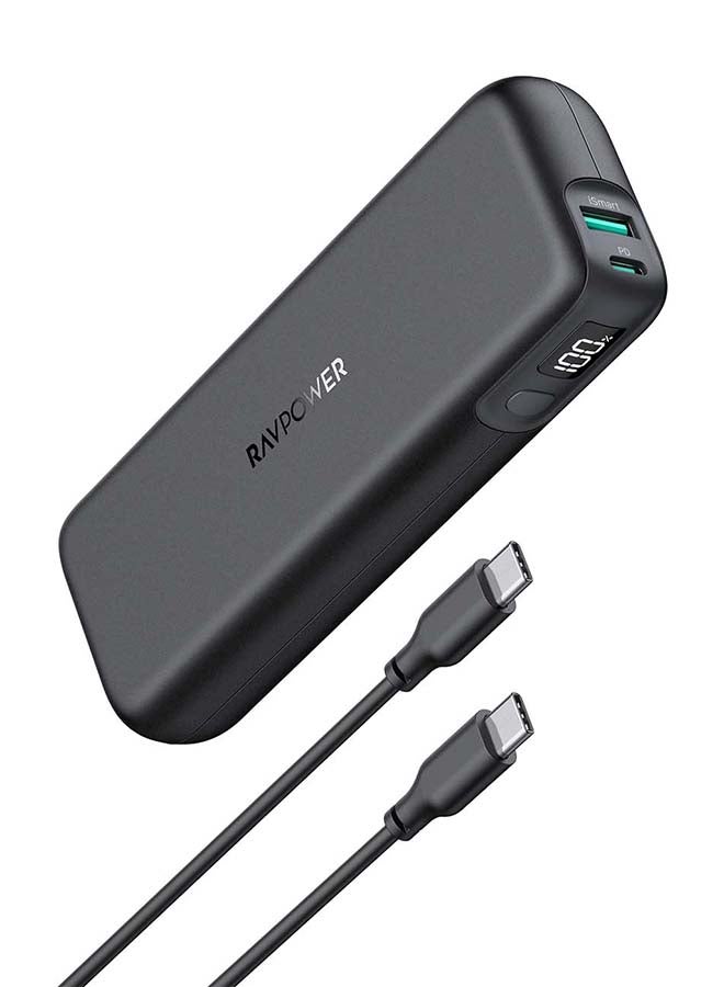 RAVPOWER 15000 mAh MFi Certified 2 Port Portable Power Bank With Charging Cable Black - Image 1
