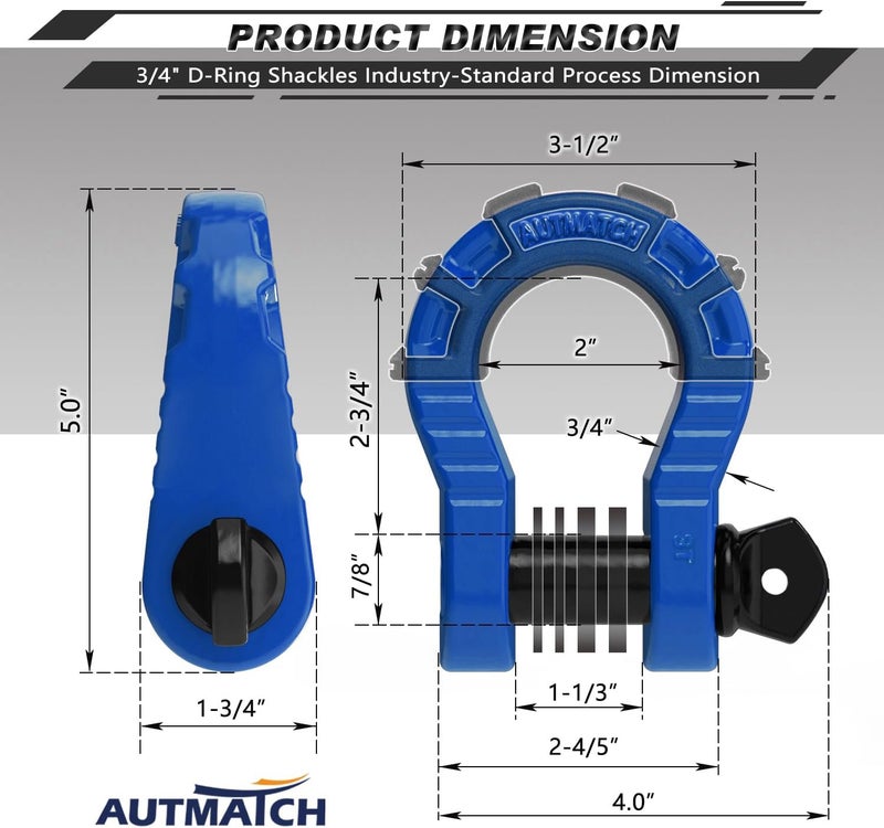 AUTMATCH D Ring Shackles 3/4" Mega Shackle (2 Pack) 68,000Ibs Break Strength - Heavy Duty Clevis Shackles with 7/8" Screw Pin and Isolator Washer for Tow Strap Winch Off Road Vehicle Recovery, Blue - Image 3