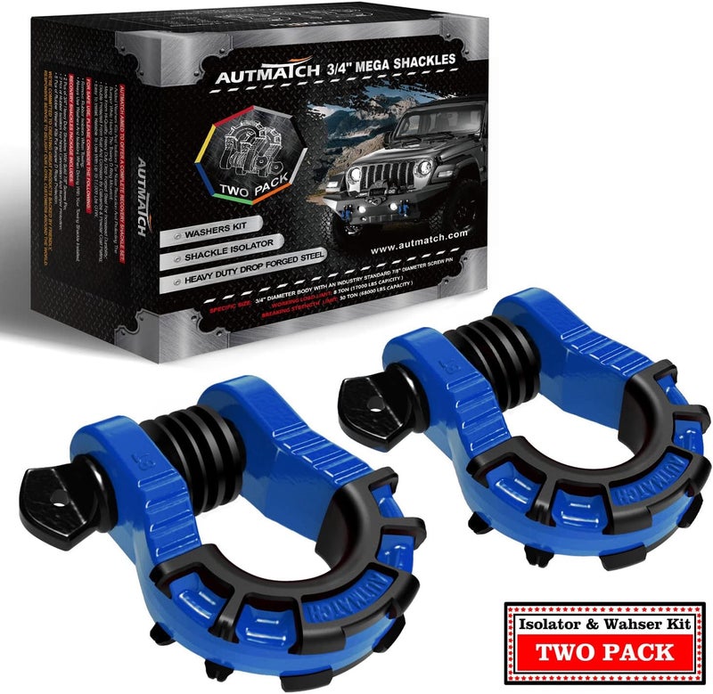 AUTMATCH D Ring Shackles 3/4" Mega Shackle (2 Pack) 68,000Ibs Break Strength - Heavy Duty Clevis Shackles with 7/8" Screw Pin and Isolator Washer for Tow Strap Winch Off Road Vehicle Recovery, Blue - Image 1