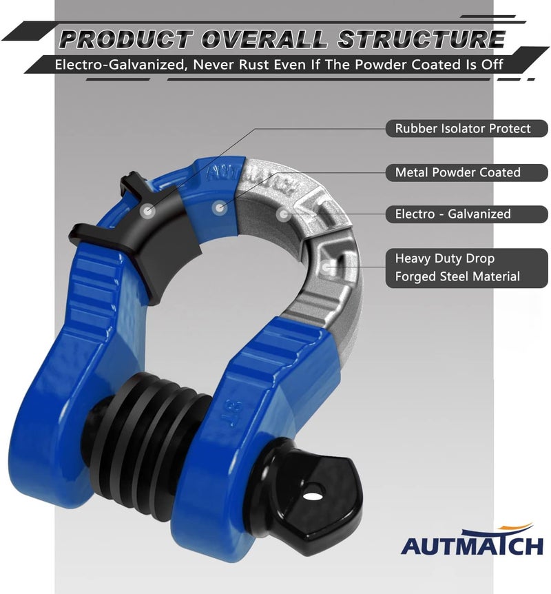 AUTMATCH D Ring Shackles 3/4" Mega Shackle (2 Pack) 68,000Ibs Break Strength - Heavy Duty Clevis Shackles with 7/8" Screw Pin and Isolator Washer for Tow Strap Winch Off Road Vehicle Recovery, Blue - Image 4