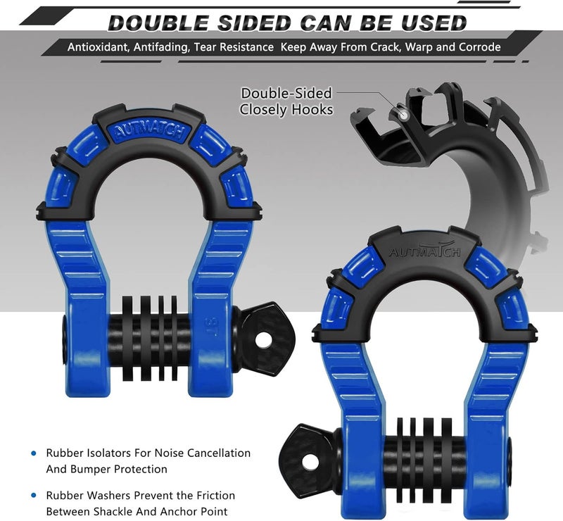 AUTMATCH D Ring Shackles 3/4" Mega Shackle (2 Pack) 68,000Ibs Break Strength - Heavy Duty Clevis Shackles with 7/8" Screw Pin and Isolator Washer for Tow Strap Winch Off Road Vehicle Recovery, Blue - Image 2