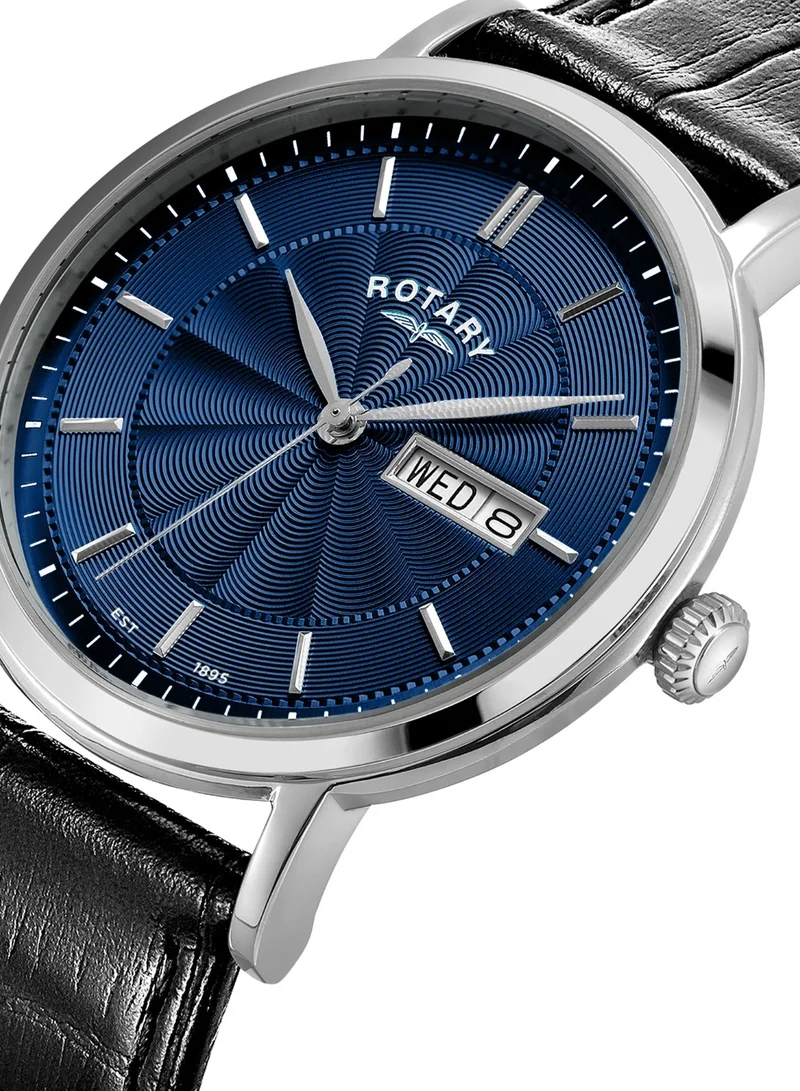 Rotary Men's Heritage Analogue Watch, 37 mm, Blue Dial, Black Leather Strap