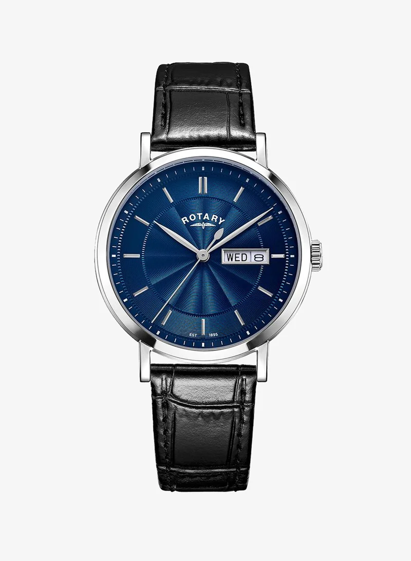 Rotary Men's Heritage Analogue Watch, 37 mm, Blue Dial, Black Leather Strap