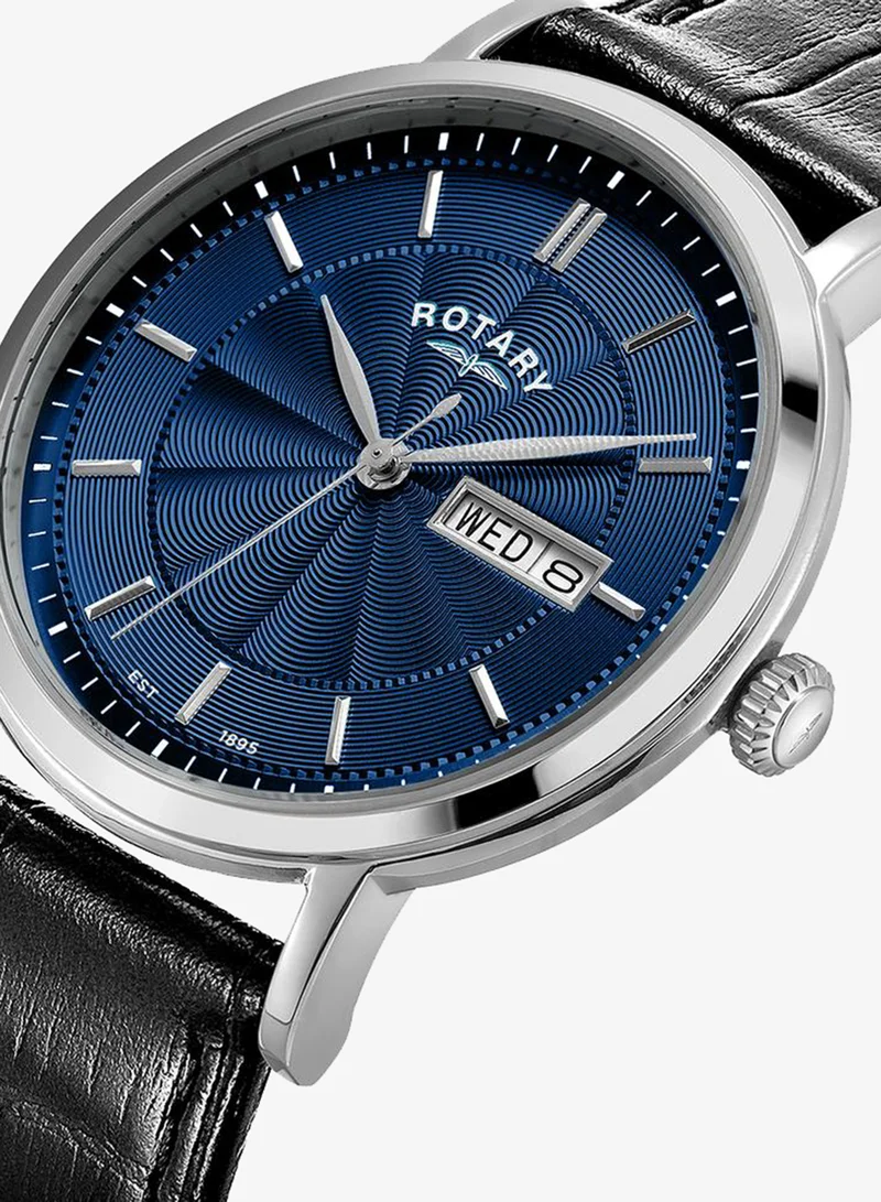 Rotary Men's Heritage Analogue Watch, 37 mm, Blue Dial, Black Leather Strap