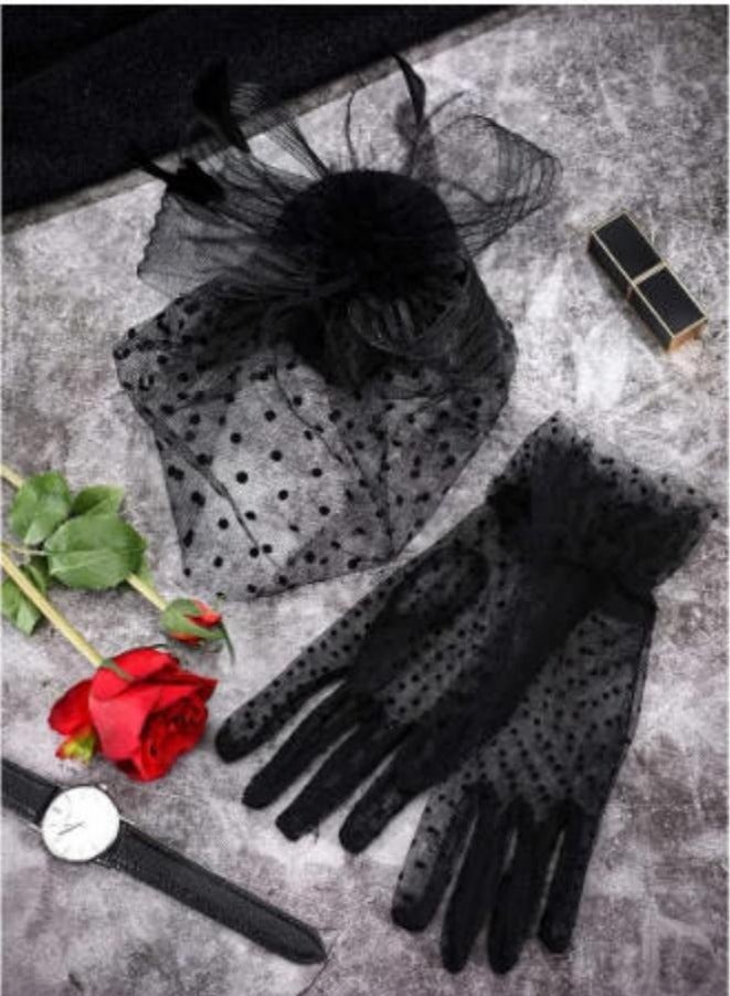 1950s Vintage Fascinator Hat, Faux Feather Mesh Net Hat Tea Party Headwear with Veil and Women Short Lace Gloves, Costume Accessories for Girls Wedding (Black)  - Image 2