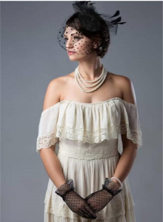 1950s Vintage Fascinator Hat, Faux Feather Mesh Net Hat Tea Party Headwear with Veil and Women Short Lace Gloves, Costume Accessories for Girls Wedding (Black)  - Image 4