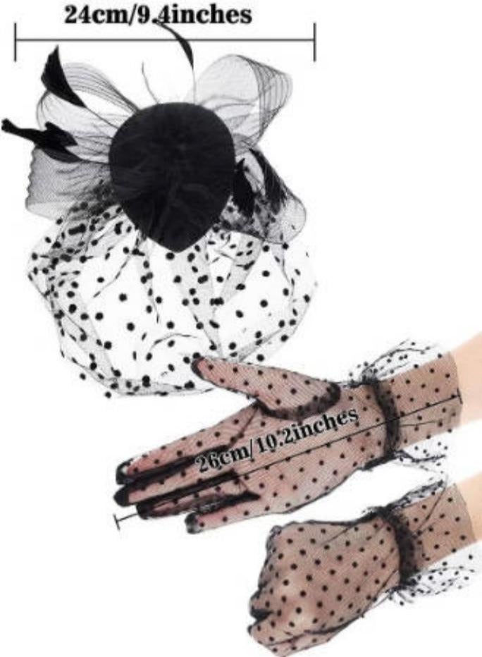 1950s Vintage Fascinator Hat, Faux Feather Mesh Net Hat Tea Party Headwear with Veil and Women Short Lace Gloves, Costume Accessories for Girls Wedding (Black)  - Image 5