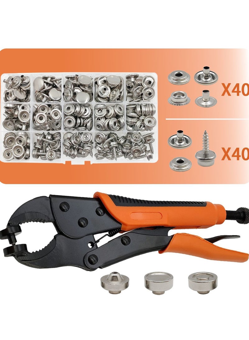 عام مجموعة من 80 قطعة من البراغي المصنوعة من الفولاذ المقاوم للصدأ، أدوات تركيب مشابك كبيرة بيضاء، ملاقط يدوية، أزرار للأشرعة، وكباسات معدنية للإغلاق. - Image 3