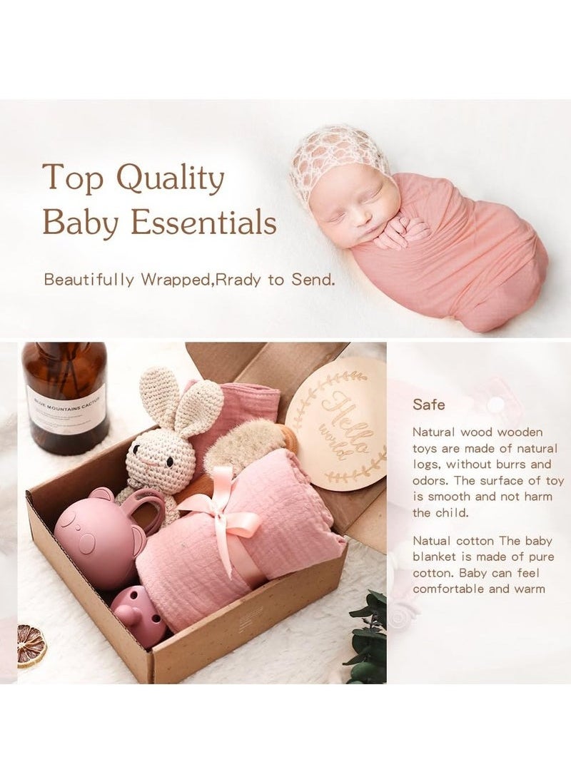 Gonice - 8 Pcs Baby Gift Set, New Mom Gifts with Muslin Blanket, Bib, Bunny Rattle Toy, Pacifier, Silicone Pacifier Case, Wooden Brush, Milestone Cards, Baby Gift Basket Great for Expecting Parents to Be, Gender Reveal, Baby Shower (Pink) - Image 1
